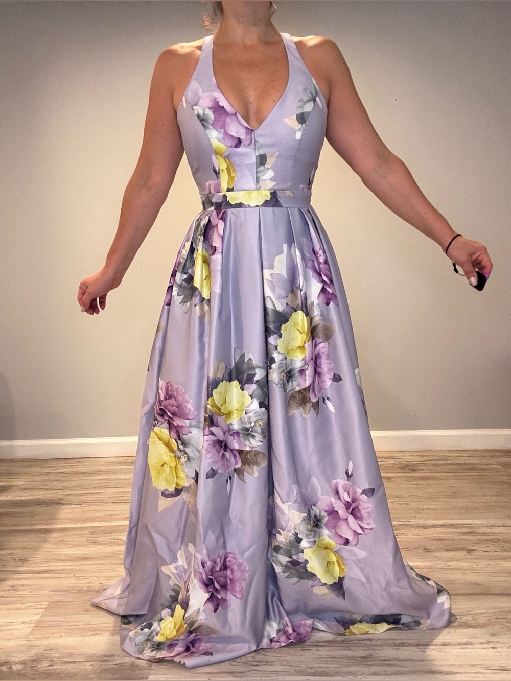 Lavender Halter Floral Evening Gown - Elegant Women's Dress